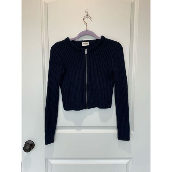 Sunday Best Merino Wool Blend Ribbed Zip Front Sweater Navy Size XS - Picture 1 of 8